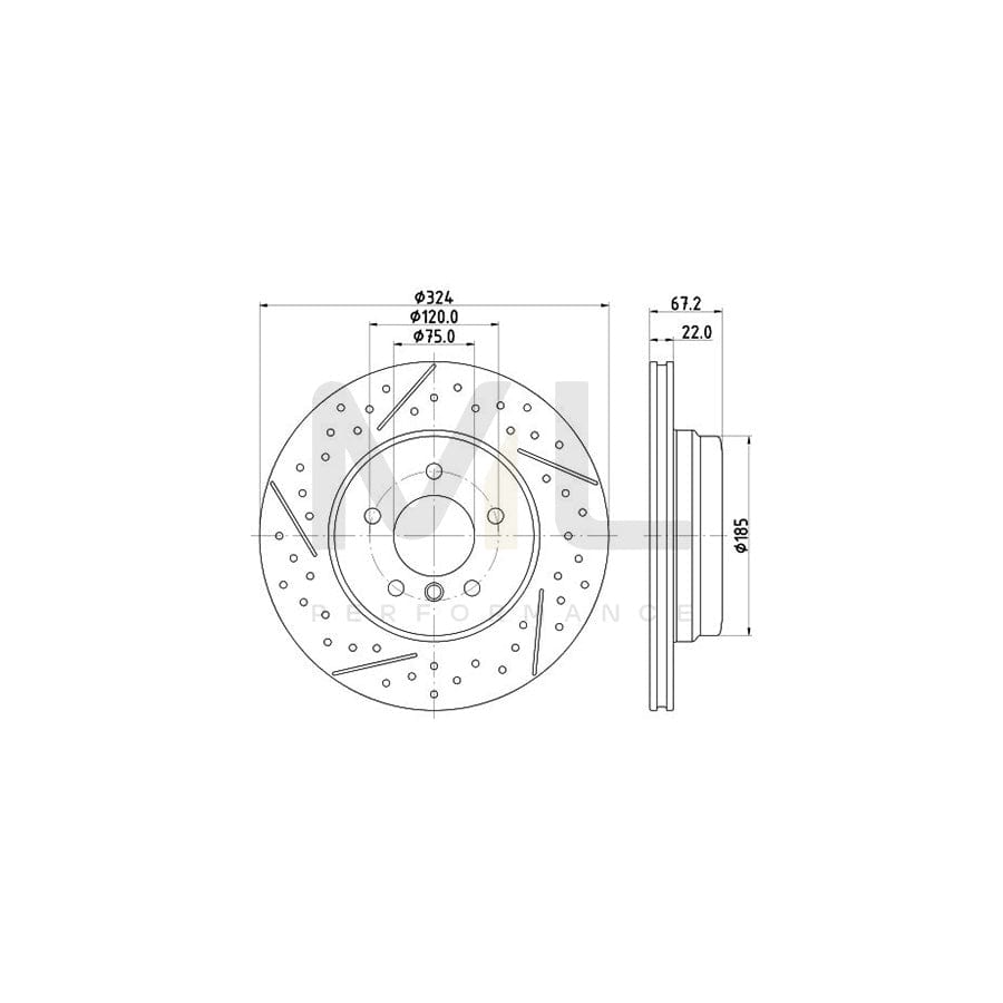 HELLA PRO 8DD 355 123-031 Brake Disc for BMW 3 Series Drilled dimples, Internally Vented, Slotted, Coated, without wheel hub, without wheel studs | ML Performance Car Parts